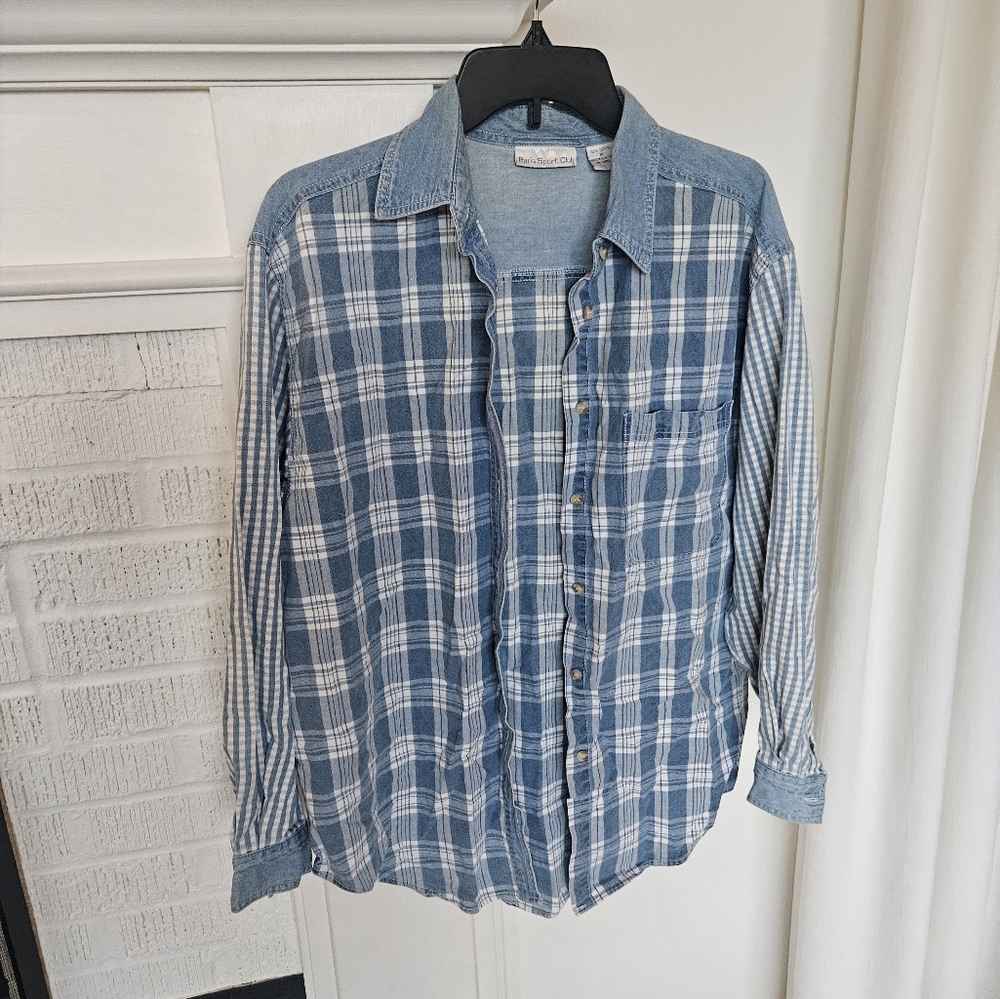 Vintage Paris Sports Club Denim Cotton Multi Patterned Button Up Shirt Medium